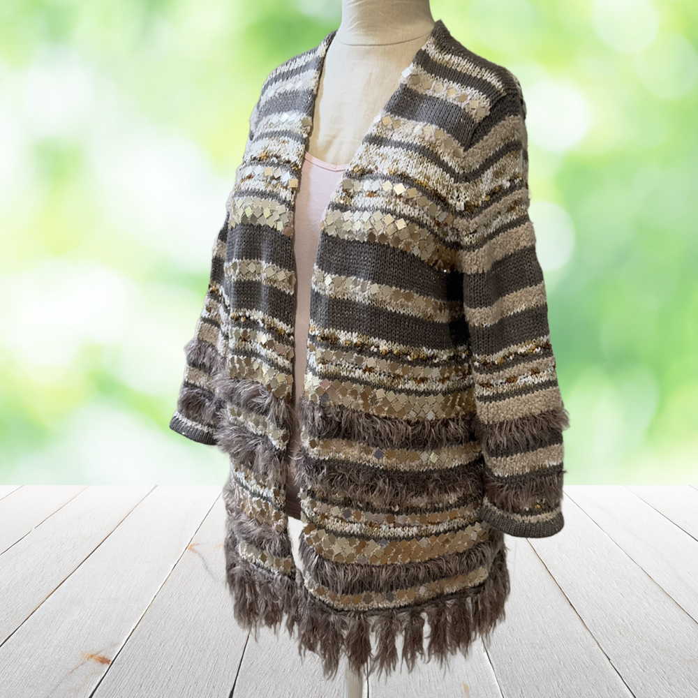 CHICOS Open Cardigan Fringe Faux Fur Gold Metallic Sequin Boho Brown Size 2 (L)